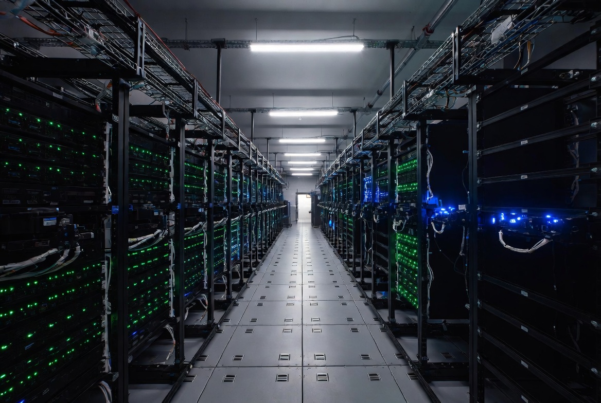 Modern data center with server racks and blue lighting