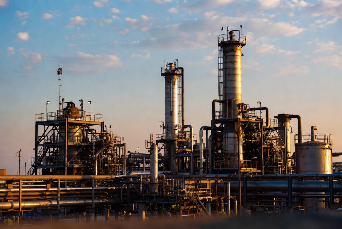 Oil refinery at dusk with pipeline infrastructure