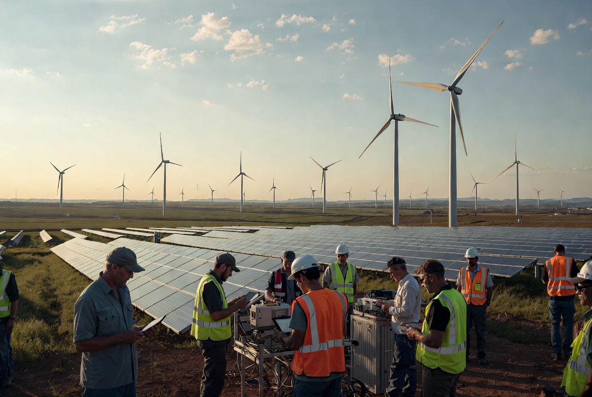 Large-scale solar farm with wind turbines at sunset